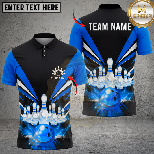 Maxcorners Bowling Shirt Black Strike Pins Lightning Motion Graphic Multicolor Options Personalized Name, Team Name 3D Shirt (4 Colors)
