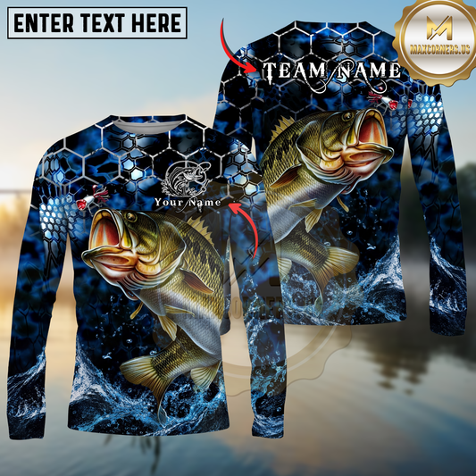 Maxcorners  Fishing Hexagon Water Splash Personalized Name, Team Name Long Sleeve Shirt (9 Fish Species)