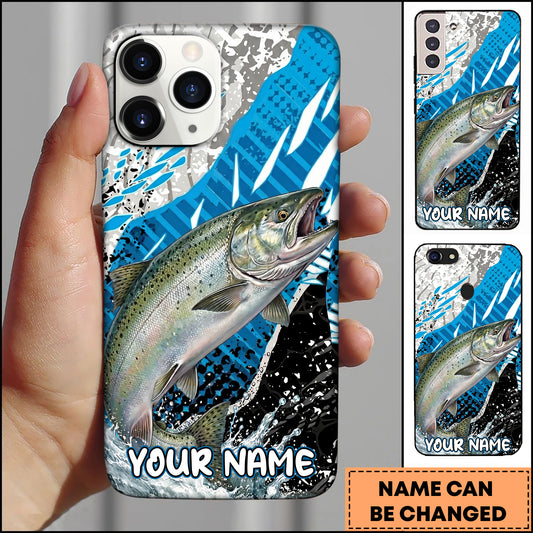 Maxcorners Fishing Jumping Blue Geometric Splash Art Personalized Name Phone Case (10 Fish Species)