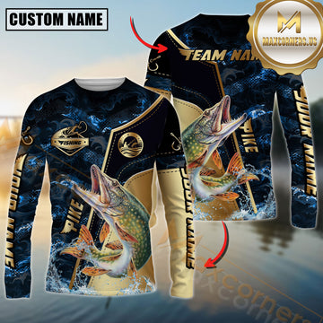 Maxcorners Pike Fishing Ocean Wave Gold Luxury Pattern Personalized Name, Team Name Long Sleeve Shirt