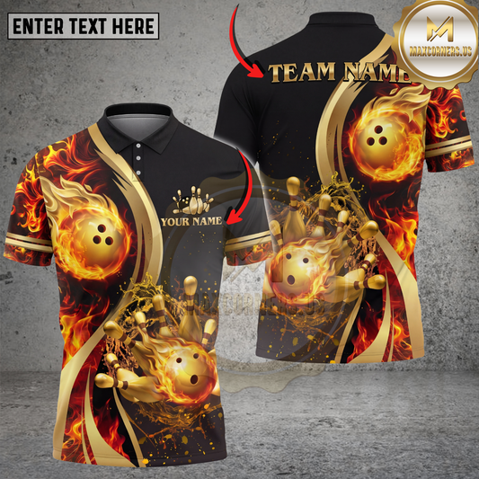Maxcorners Bowling Shirt Fire Strike Pins Multicolor Options Personalized Name, Team Name 3D Shirt (4 Colors)