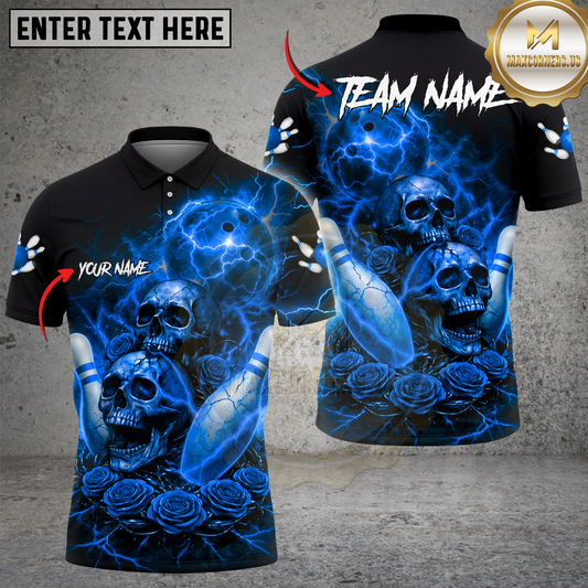 Maxcorners Bowling Shirt Lightning Skull Roses Dark Gothic Style Multicolor Options Personalized Name, Team Name 3D Shirt (4 Colors)