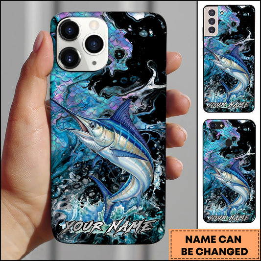 Maxcorners Marlin Fishing Neon Scale Texture Water Splash Personalized Name Phone Case