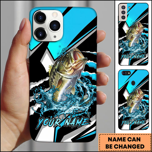 Maxcorners Bass Fishing Blue Black Geometric Lightning Splash Personalized Name Phone Case