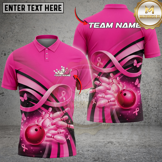 Maxcorners Pink Bowling Shirt Breast Cancer Ribbon Strike Graphic Multicolor Options Personalized Name, Team Name 3D Shirt (4 Colors)