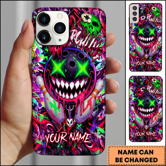 Maxcorners Bowling Phonecase Neon Red Graffiti Bowling Skull Personalized Name 3D Phone Case