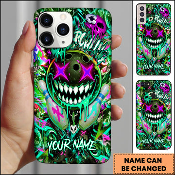 Maxcorners Bowling Phonecase Neon Cyan Graffiti Bowling Skull Personalized Name 3D Phone Case