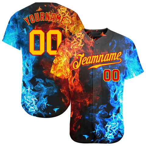 Custom Red Gold Flame Pattern Authentic Baseball Jersey