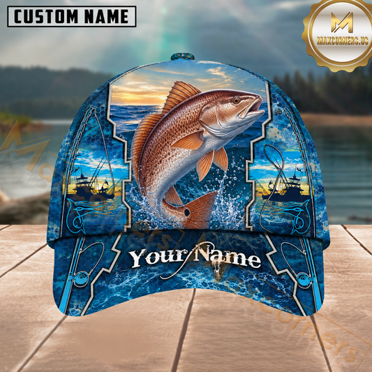 Maxcorners Fishing Ocean Sunset Scene Customized Name 3D Cap