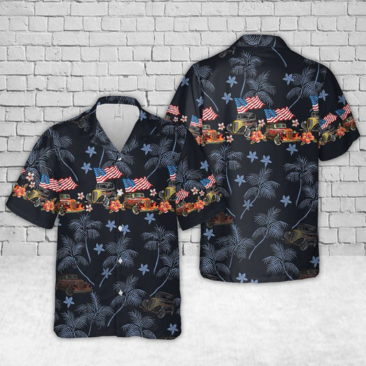 Maxcorners Custom Car American Flag Hot Rod Classic Car Hawaiian Shirt
