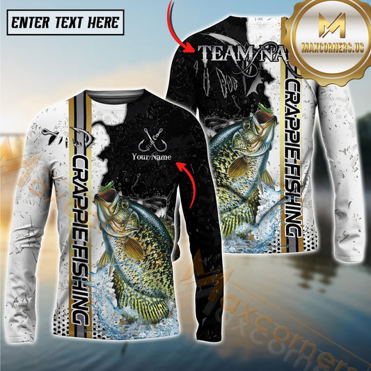 Maxcorners Crappie Fishing Split Grunge Splash Design Personalized Name, Team Name Long Sleeve Shirt