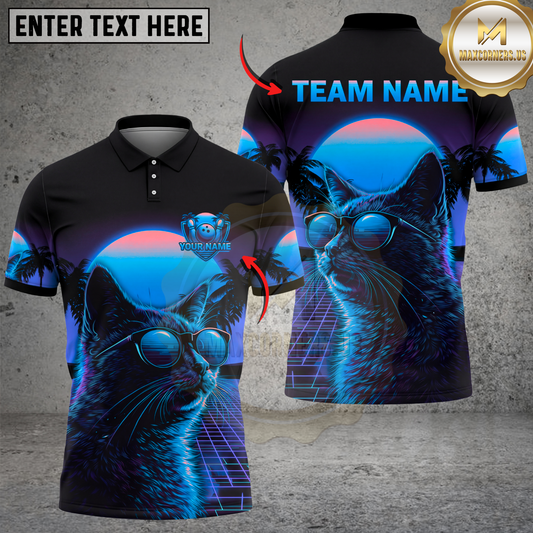 Maxcorners Neon Cat Bowling Shirt Synthwave Grid Aesthetic Multicolor Options Personalized Name, Team Name 3D Shirt (4 Colors)