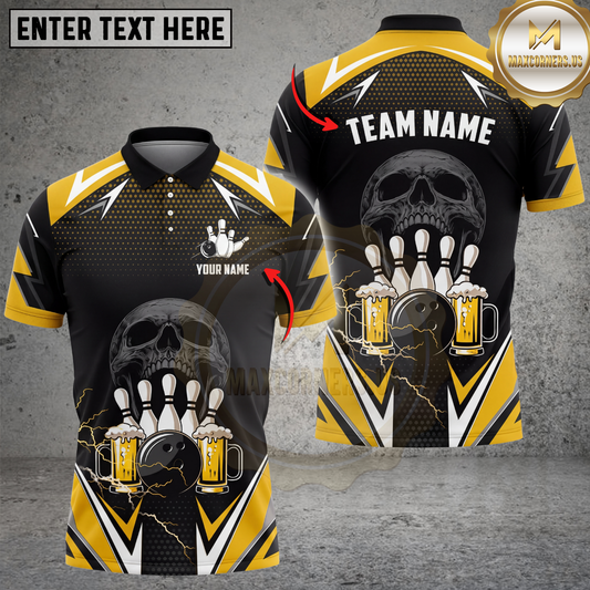 Maxcorners Bowling Shirt Skull Beer Lightning Party Graphic Multicolor Options Personalized Name, Team Name 3D Shirt (4 Colors)