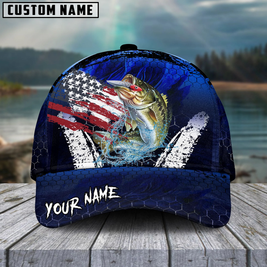 Maxcorners Fishing Dark Blue Scratch American Flag Pattern Sport Pattern Personalized Name 3D Cap (11 Breeds)