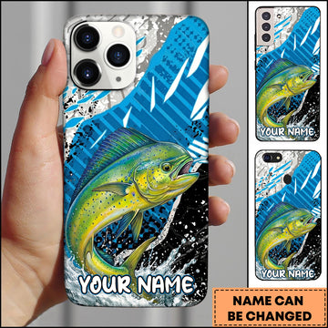 Maxcorners Fishing Jumping Mahi-Mahi Blue Geometric Splash Art Personalized Name Phone Case