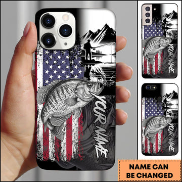 Maxcorners Crappie Fishing Patriotic USA Flag Mountain Angler Silhouette Personalized Name Phone Case