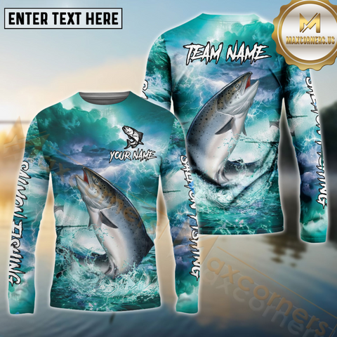 Maxcorners Salmon Fishing Storm Ocean Style Pattern Sport Jersey Personalized Name, Team Name Long Sleeve Shirt