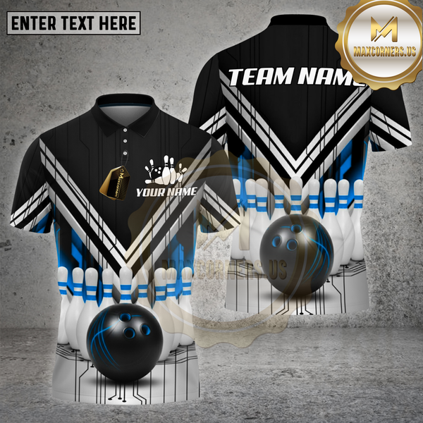 Maxcorners Bowling Shirt – Black White Red V-Stripe Strike Ball & Pins 3D Design – Multi Options Personalized Name, Team Name 3D Shirt