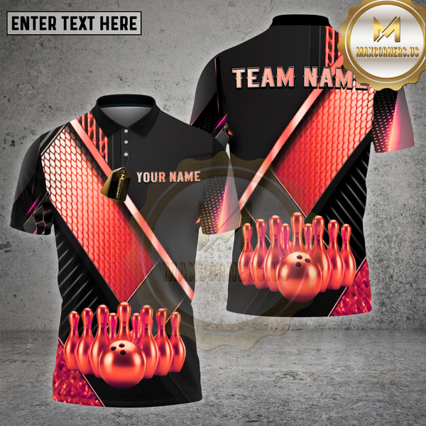 Maxcorners Bowling Shirt – Geometric Gold Black Pattern with Realistic Bowling Ball 3D Design – Personalized Name, Team Name Polo