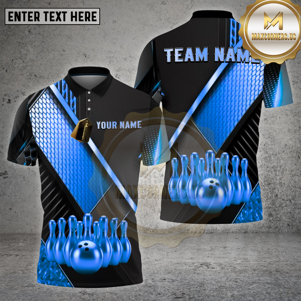 Maxcorners Bowling Shirt – Geometric Gold Black Pattern with Realistic Bowling Ball 3D Design – Personalized Name, Team Name Polo