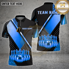 Maxcorners Bowling Shirt – Geometric Gold Black Pattern with Realistic Bowling Ball 3D Design – Personalized Name, Team Name Polo