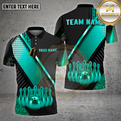 Maxcorners Bowling Shirt – Geometric Gold Black Pattern with Realistic Bowling Ball 3D Design – Personalized Name, Team Name Polo