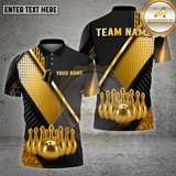 Maxcorners Bowling Shirt – Geometric Gold Black Pattern with Realistic Bowling Ball 3D Design – Personalized Name, Team Name Polo