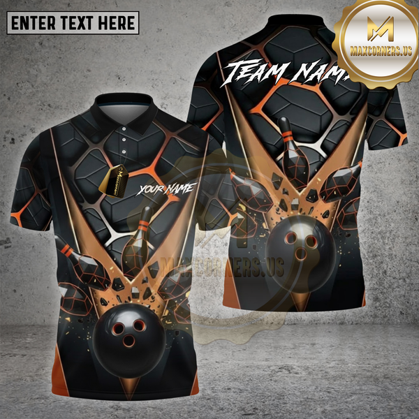 Maxcorners Bowling Shirt – Copper Hexagon Pattern with 3D Strike Ball & Pins – Personalized Name, Team Name 3D Shirt