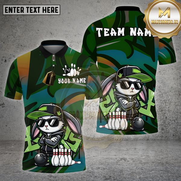 Maxcorners Bowling Shirt – Street Graffiti Bunny Cartoon with Bowling Pins & Ball – Personalized Name, Team Name 3D Shirt