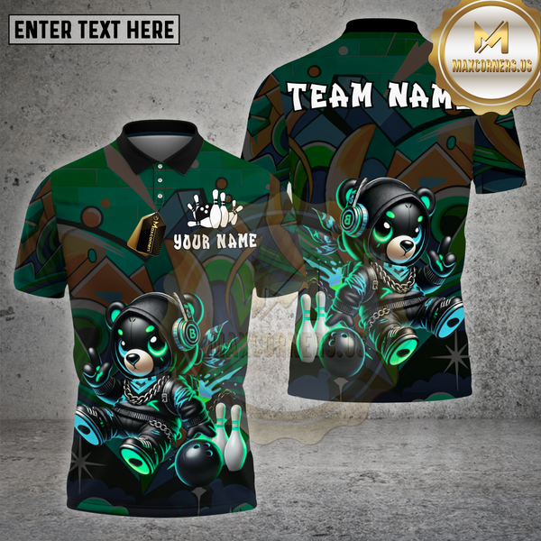 Maxcorners Bowling Shirt – Neon Cyber Bear Graffiti Style with Bowling Pins – Personalized Name, Team Name 3D Shirt