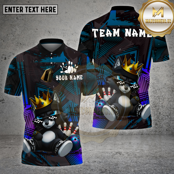 Maxcorners Bowling Shirt – King  Wolf Cartoon Graffiti Style with Pins & Ball – Personalized Name, Team Name 3D Shirt