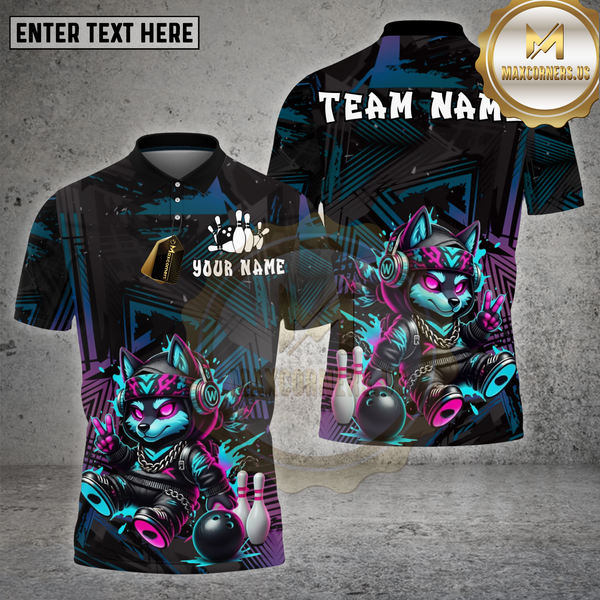 Maxcorners Bowling Shirt – Neon Cyber Wolf Cartoon with Bowling Pins & Ball – Multi Options Personalized Name, Team Name 3D Shirt