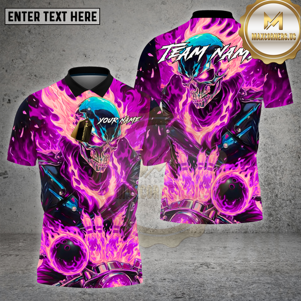 Maxcorners Bowling Shirt – Flaming Skull Strike Ball Fire Explosion 3D Design – Personalized Name, Team Name 3D Shirt