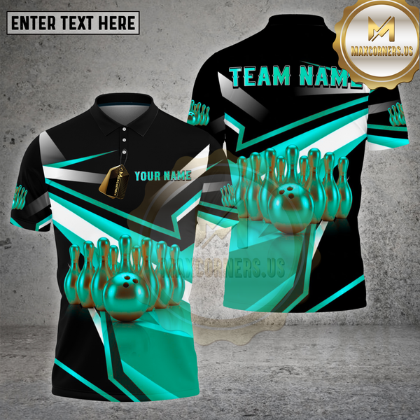 Maxcorners Bowling Shirt – Gold Bowling Pins & Ball Metallic 3D Design – Multi Options Personalized Name, Team Name 3D Shirt
