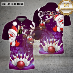 Maxcorners Bowling Shirt Santa Reindeer Bowling Pins Blue Christmas Theme Multi Options Personalized Name, Team Name 3D Shirt