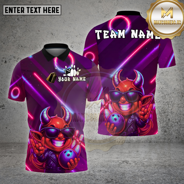 Maxcorners Bowling Shirt Neon Devil Character Multioptions Personalized Name, Team Name Unisex 3D Shirt (4 Colors)