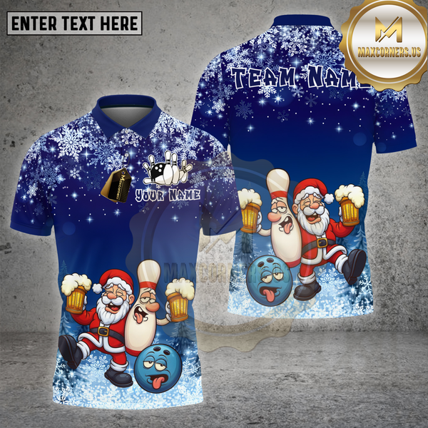 Maxcorners Bowling Shirt Santa Bowling Beer Cartoon Multi Options Personalized Name, Team Name 3D Shirt