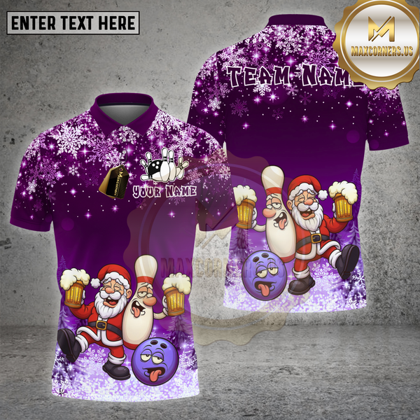Maxcorners Bowling Shirt Santa Bowling Beer Cartoon Multi Options Personalized Name, Team Name 3D Shirt