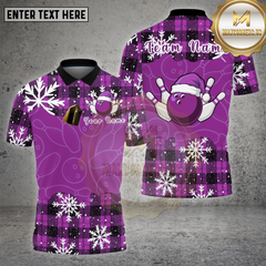 Maxcorners Bowling Shirt Plaid Snowflake Santa Bowling Ball Multi Options Personalized Name, Team Name 3D Shirt