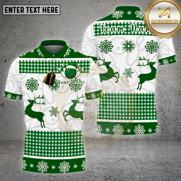 Maxcorners Bowling Shirt White Reindeer Snowflake Christmas Theme Multi Options Personalized Name, Team Name 3D Shirt