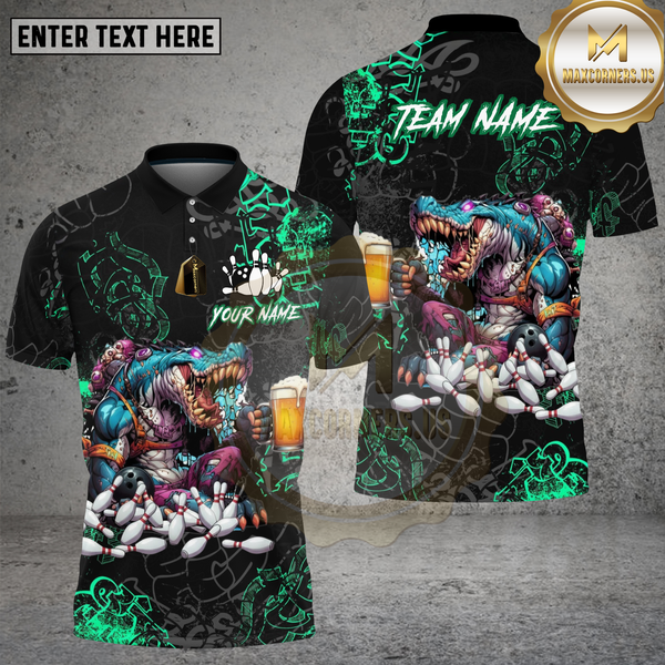 Maxcorners Bowling Shirt Monster Crocodile Beer Pins Green Lightning Design Multi Options Personalized Name, Team Name 3D Shirt