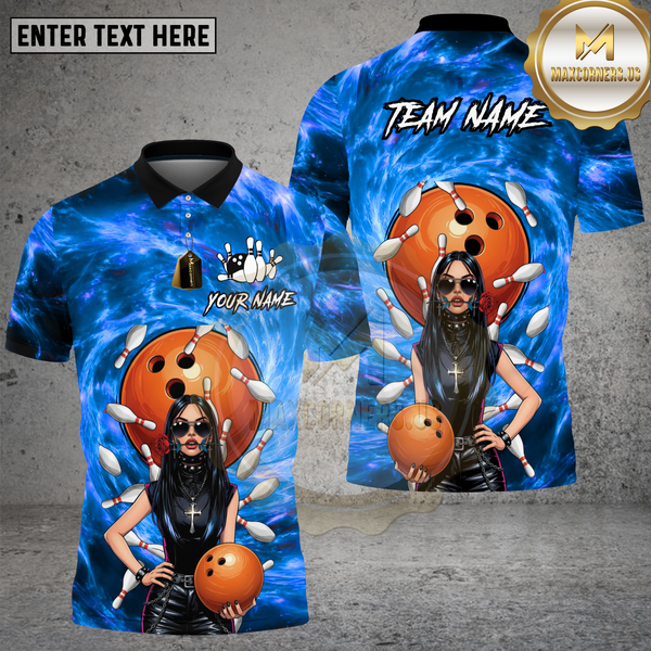 Maxcorners Bowling Shirt Gothic Girl Orange Ball Blue Galaxy Background Multi Options Personalized Name, Team Name 3D Shirt