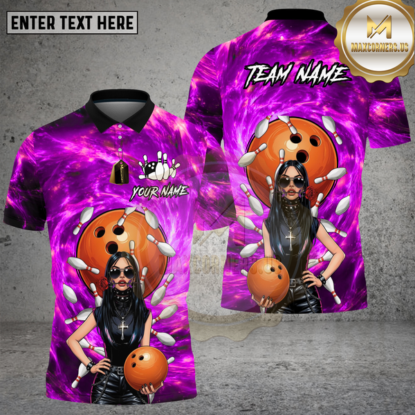 Maxcorners Bowling Shirt Gothic Girl Orange Ball Blue Galaxy Background Multi Options Personalized Name, Team Name 3D Shirt