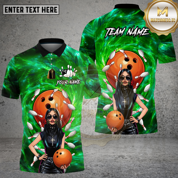 Maxcorners Bowling Shirt Gothic Girl Orange Ball Blue Galaxy Background Multi Options Personalized Name, Team Name 3D Shirt