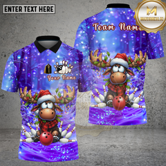 Maxcorners Bowling Shirt Christmas Moose Red Scarf Blue Snow Lights Theme Multi Options Personalized Name, Team Name 3D Shirt