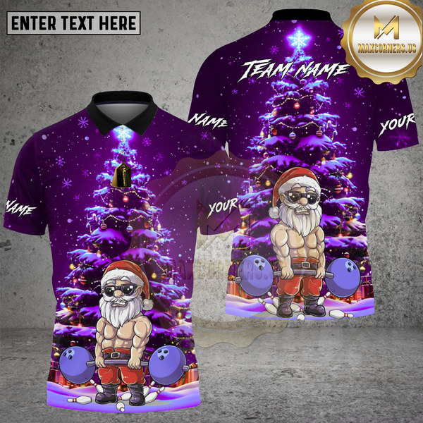 Maxcorners Bowling Shirt Muscular Santa Christmas Tree Night Scene Multi Options Personalized Name, Team Name 3D Shirt