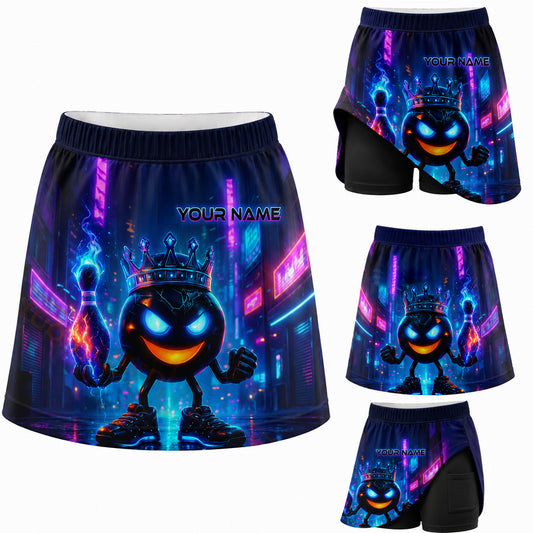 Maxcorners Bowling Neon Alley Character Personalized 3D Skort, Skirts With Shorts