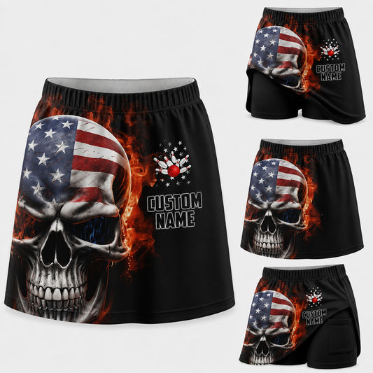 Maxcorners Bowling Patriotic Skull American Flag Personalized 3D Skort, Skirts With Shorts