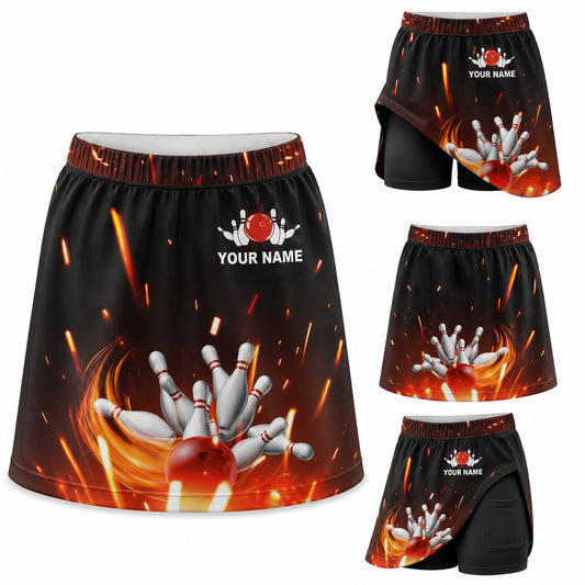 Maxcorners Bowling Flaming Pins Strike Personalized 3D Skort, Skirts With Shorts