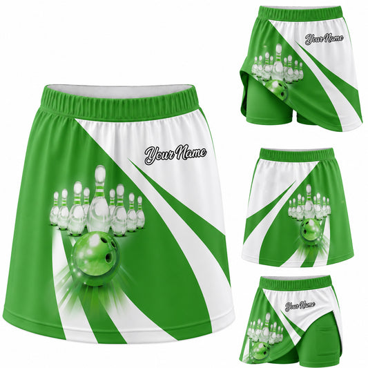 Maxcorners Bowling Lucky Green Strike Personalized 3D Skort, Skirts With Shorts